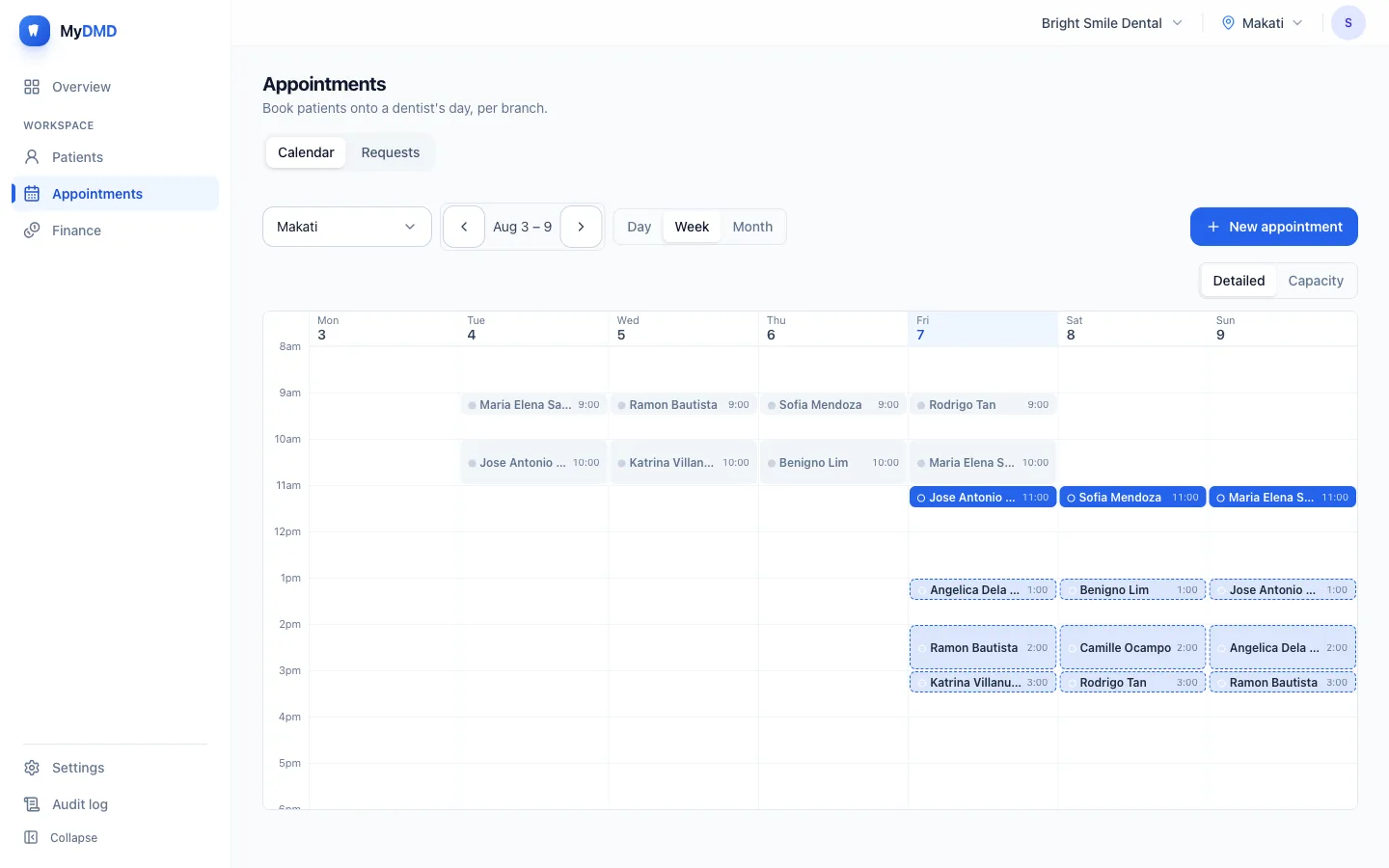The MyDMD appointment calendar, week view.